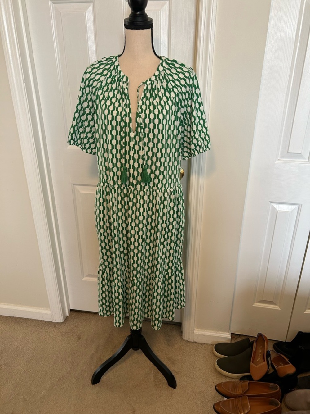 Boden Short Sleeve Jersey Dress in Rolling Hills Geo Azure Print - Picture 3 of 13